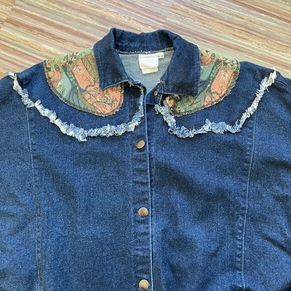 Tapestry Denim Jacket Dark Jean Horse Wagon Pattern Vintage 80s Made in Canada - Picture 4 of 8